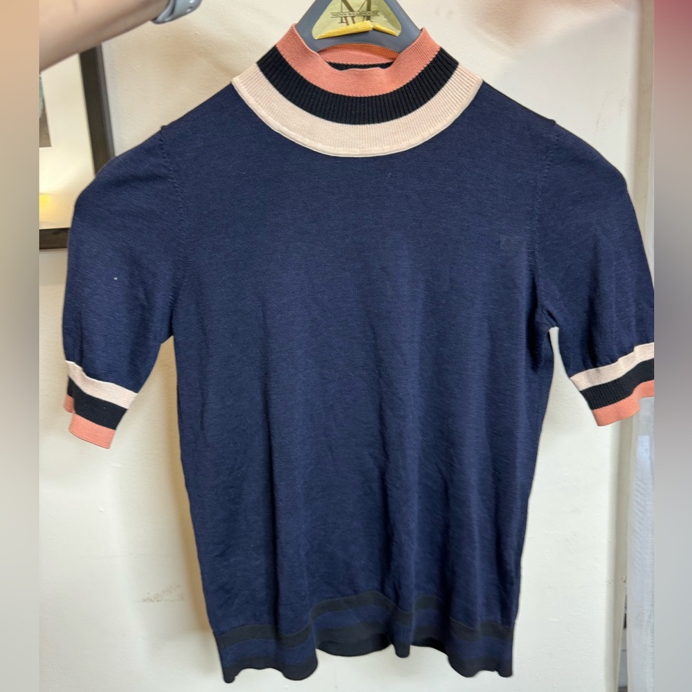 COS silk cotton navy top jersey pullover stripes turtleneck XS